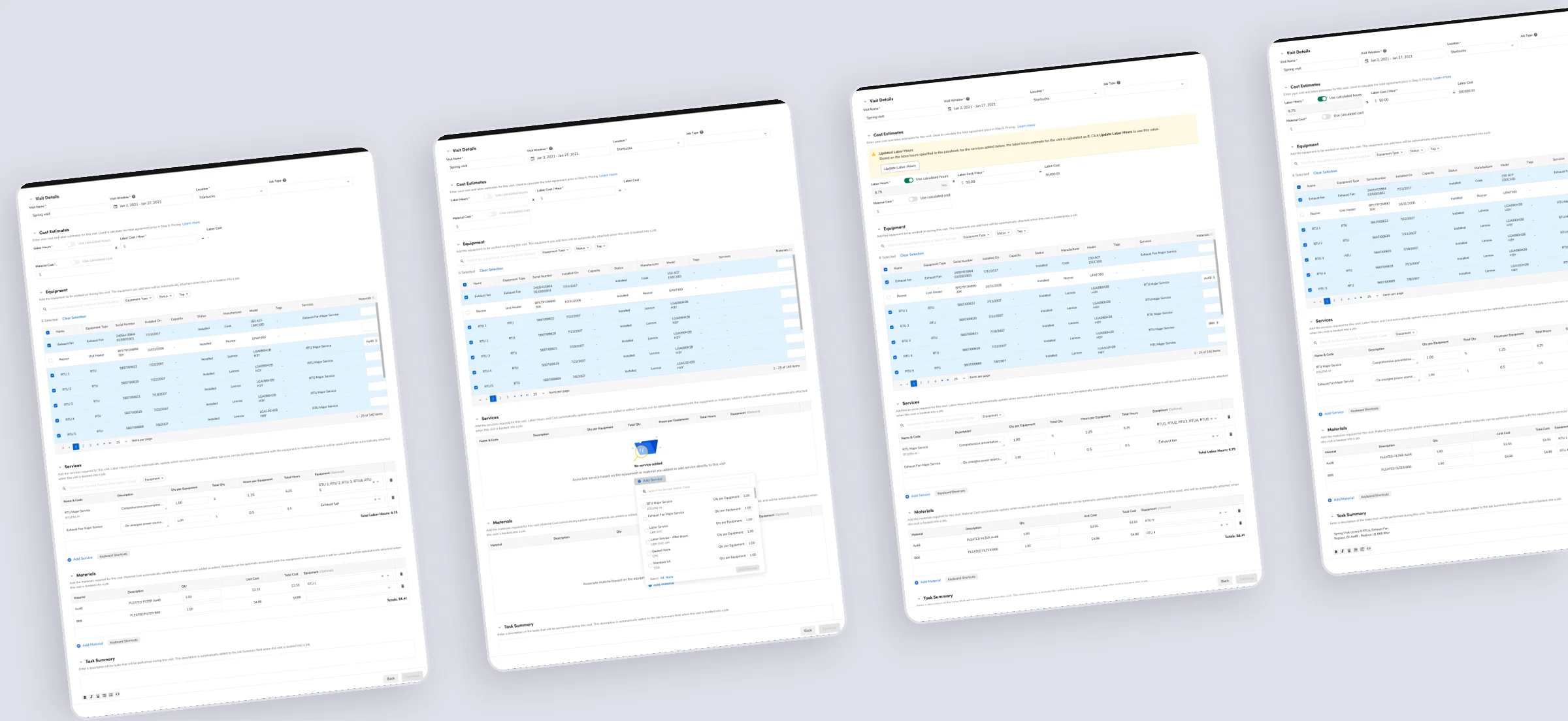 High-fidelity design deliverables for Service Agreement Materials — additional screens